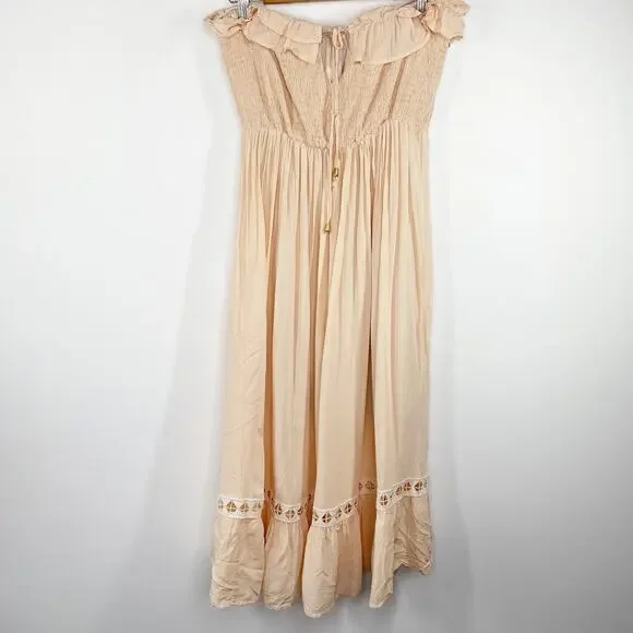 Pale Peach Pink Strapless Tie Neck Lace Dress Feminine Boho Fairy Women Medium - Picture 1 of 8